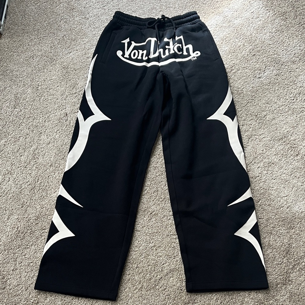 Von Dutch Black Sweatpants with front logo and large designs down both legs